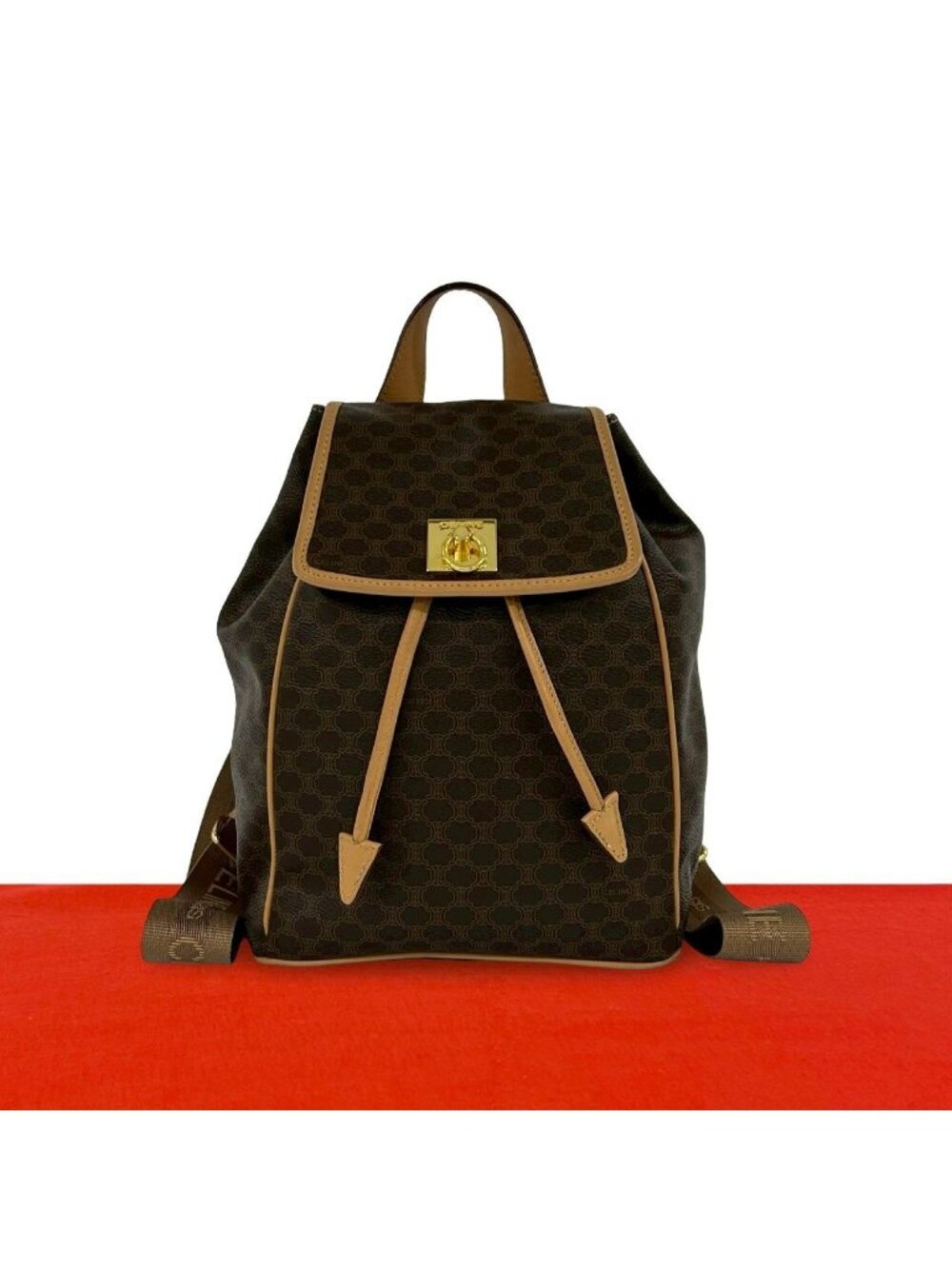 Celine Vintage Macadam Blason Triomphe Pattern Logo Ring Leather Backpack Brown